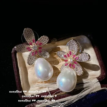 Нежные Элегантные Серьги-капли из серебра 925 пробы с пресноводным жемчугом для женщин, Висячие серьги с цветком циркона AAA, Модный подарок для изысканных ювелирных изделий