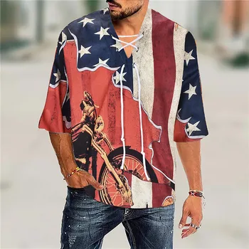 Однотонная мужская пляжная рубашка с длинными рукавами в честь Дня независимости с V образным вырезом и принтованными футболками для комплекта футболок