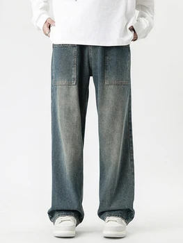 Осенние новые винтажные джинсы с несколькими карманами, мужские модные джинсы INS. Свободные широкие универсальные прямые брюки в пол
