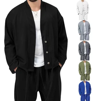 Осенний мужской костюм 2023 года, повседневное пальто и брюки на пуговицах с длинными рукавами, винтажная уличная одежда, мужской комплект из двух предметов