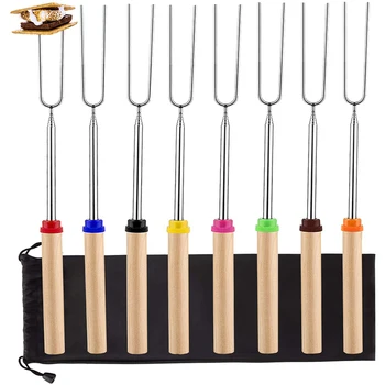 Палочки для запекания зефира, Телескопические шпажки для зефира и вилки для хот-догов с деревянной ручкой, сумка для хранения