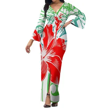 Полинезийское летнее женское платье с длинными рукавами, повседневное праздничное платье с V-образным вырезом, сексуальное платье с разрезом на заказ, пляжное платье