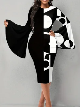 Расклешенное облегающее платье с геометрическим принтом LW, черно-белый цветной блок, Элегантные платья с длинным рукавом, миди-футляр, Осенняя Новая одежда