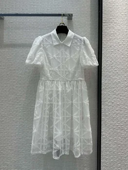 Расклешенные женские платья 2023, летние элегантные платья в клетку в стиле принцессы, кружевные платья, открытая вышитая сетка с поясом с металлической пряжкой