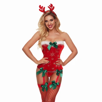 Сексуальный красный Рождественский корсетный костюм, женское сексуальное нижнее белье с бантом, нижнее белье, пижама, Милый головной убор из лося, комплект стрингов G-sting, Экзотические костюмы