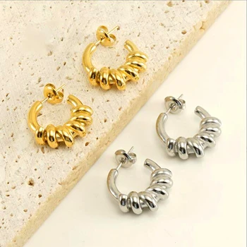 Спиральные круглые серьги из нержавеющей стали для женщин из 18-каратного золота стального цвета, модные титановые аксессуары для ушей
