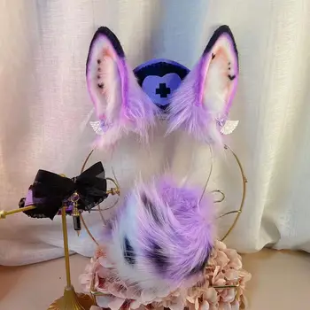 Фиолетовая кошка-медсестра, Звериное Ухо, Звериный хвост, Кошка-Волк, Серебряный аксессуар для волос, аниме для взрослых, костюмы для косплея на Хэллоуин.