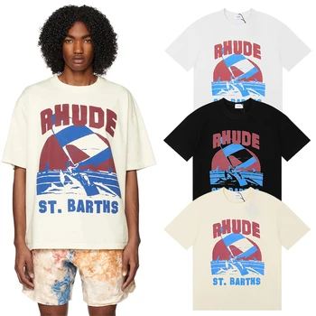 Футболка с коротким рукавом Sunset Sea Sail, футболка с принтом Rhude, мужская Женская футболка в стиле хип-хоп