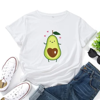 Хлопковая футболка с круглым вырезом и рисунком авокадо, свободные повседневные женские топы с коротким рукавом, Бесплатная доставка