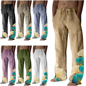 Хлопчатобумажные льняные брюки для мужчин с принтом листьев Свободного покроя в мешковатом стиле хиппи, ретро-классические легкие брюки для йоги Little House L