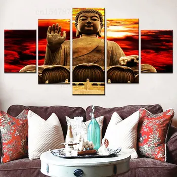 Холст с принтом из 5 панелей, картина со статуей Золотого Будды, Модульная настенная картина, картины для гостиной, плакат для домашнего декора