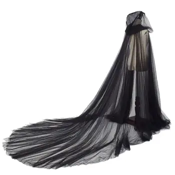 Черная накидка для женщин с капюшоном, тюлевый плащ, винтажные плащи для вечеринки в стиле ампир на Хэллоуин, Макси длиной до пола