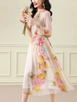 Шелковое платье Лето 2023, Новая роскошная французская светская львица с V-образным вырезом, талия из шелка тутового цвета, Темпераментная юбка в цветочек
