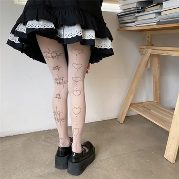 Японские колготки Kawaii Lolita Y2k с татуировкой в виде звездного сердца, чулки до бедра, колготки для женщин, белые колготки для милых девочек, женские колготки